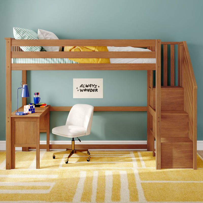Modern wooden loft bed with stairs and built-in desk in kids' room, teal accent wall, white swivel chair, blue desk lamp, striped pillow and yellow blanket