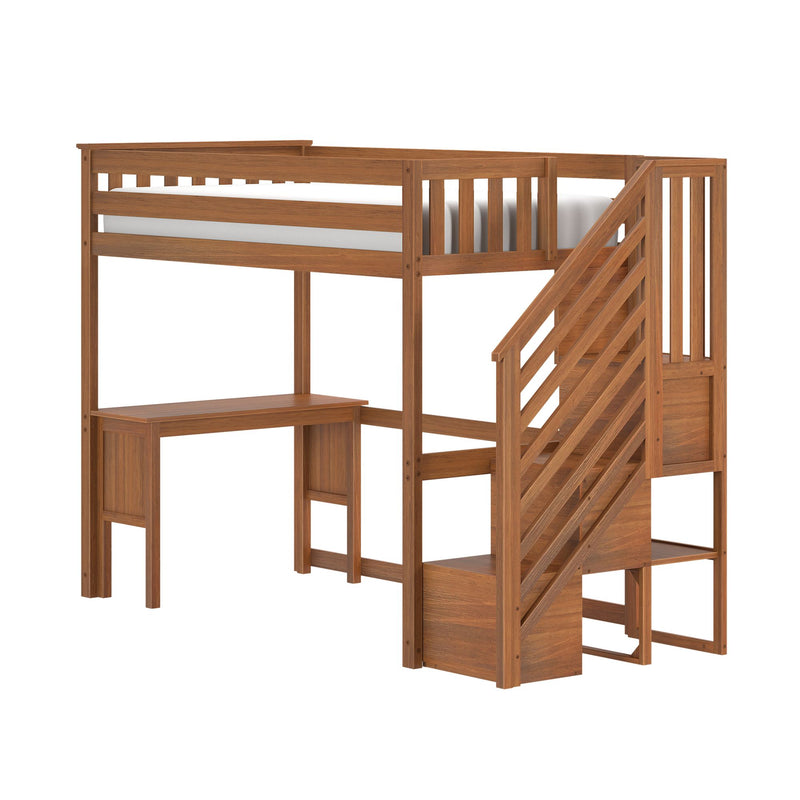 Wood loft bed with stairs and built-in desk — space-saving twin loft bed with slatted guardrails and storage steps in warm wood finish