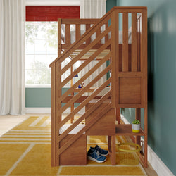 Solid wood loft bunk bed with integrated staircase and under-stair storage in modern teal kids' bedroom with yellow rug, sneakers and potted succulent