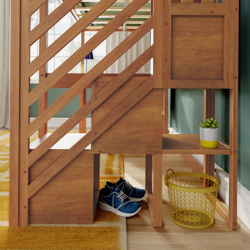 Children's wooden loft bed with built-in staircase storage and shelves, blue sneakers, yellow wire basket and potted succulent in bright bedroom