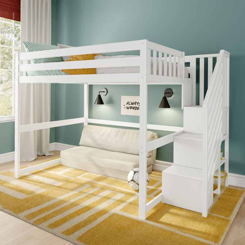White wooden loft bed with staircase above a convertible sofa in a modern kids' bedroom with teal walls, yellow geometric rug, black wall sconces, window light and soccer ball