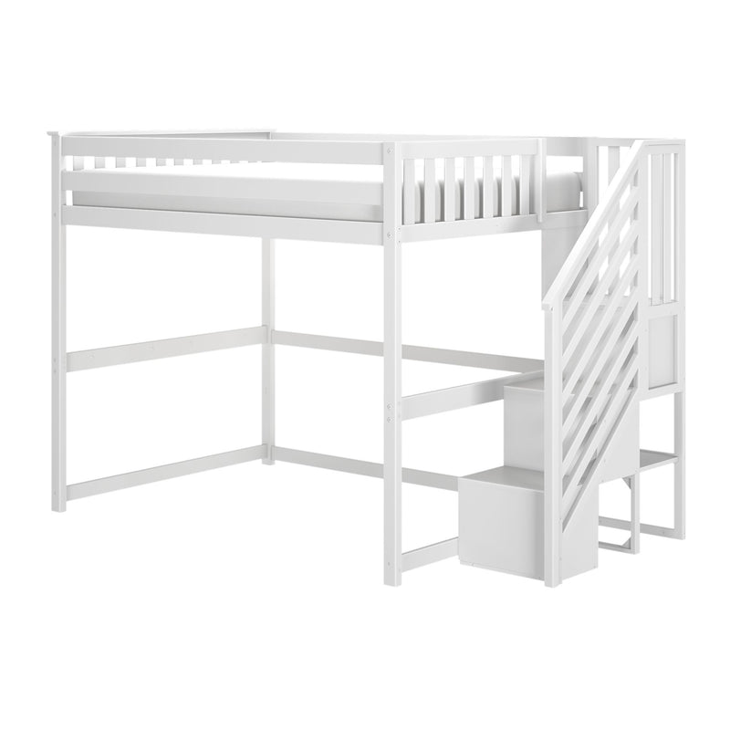 White wooden loft bed with built-in staircase and under-bed storage drawers, elevated twin mattress frame modern space-saving kids bed