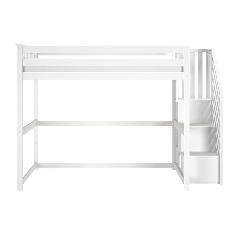 White wooden loft bed with integrated staircase and storage drawers, modern space-saving kids elevated bed frame