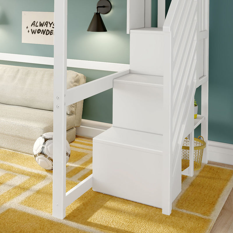 White loft bed with built-in storage stairs in a kids' bedroom, yellow geometric rug, beige sofa, soccer ball, teal accent wall with black sconce and "Always Wonder" wall art