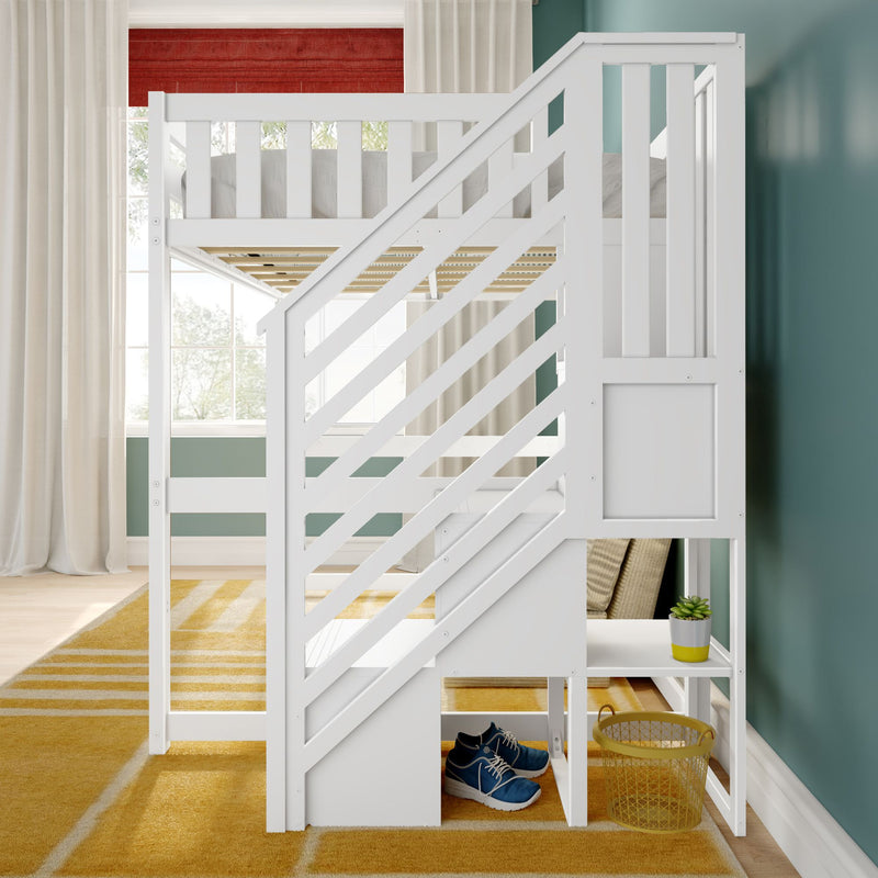 White wooden loft bed with built-in diagonal staircase and under-bed storage in a modern kids' bedroom with teal walls, yellow area rug, large window, blue sneakers and small potted plant