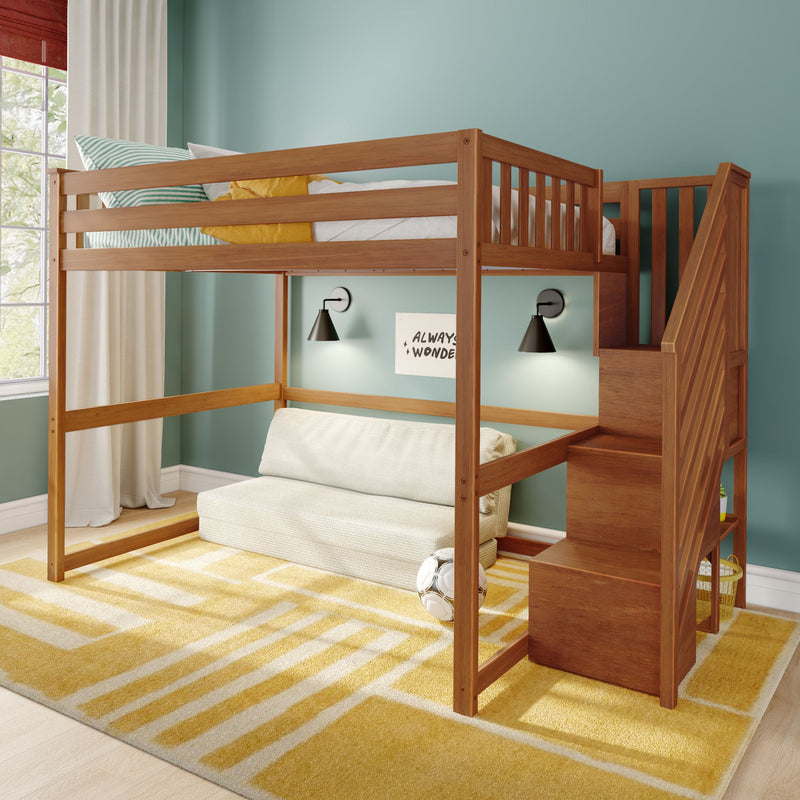Modern wooden loft bunk bed with staircase in kids' bedroom, teal walls, yellow geometric rug, striped pillow and wall-mounted reading lamps