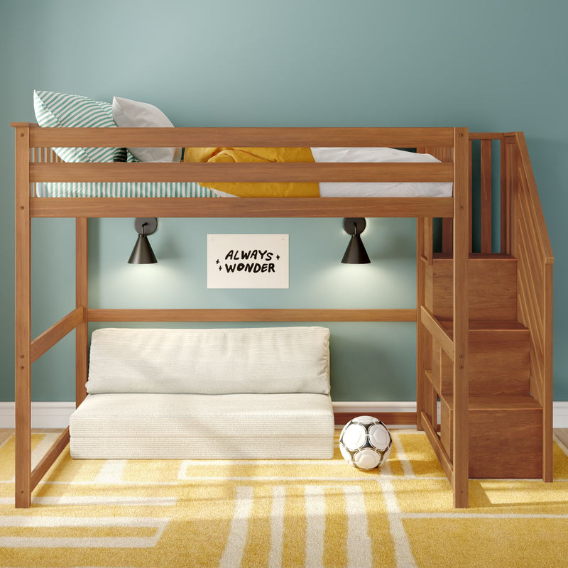 Modern wooden loft bunk bed with built-in stairs in children's bedroom, teal accent wall, striped pillows, yellow blanket, wall reading lamps and soccer ball