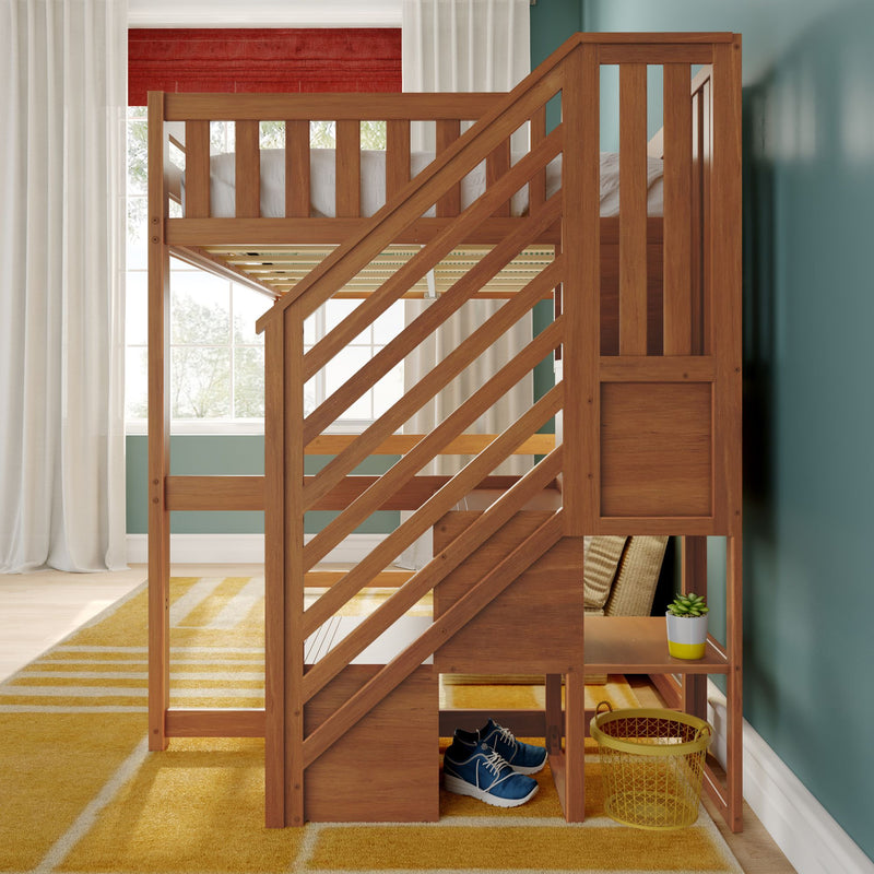 Wooden loft bunk bed with diagonal stairs and built-in cubbies in sunny kids' bedroom with teal wall and yellow rug