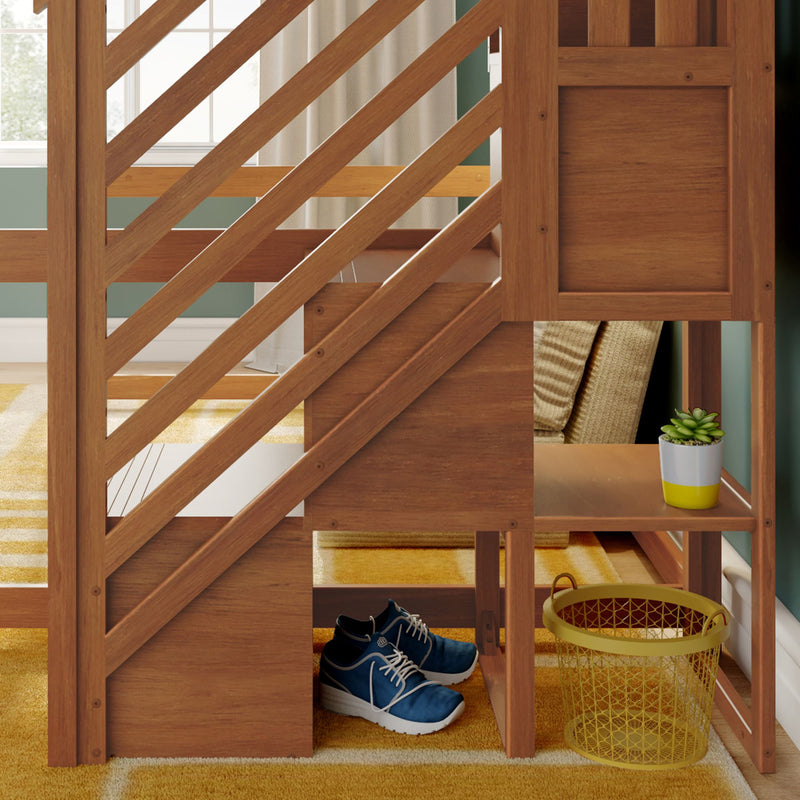 Wooden loft bed with diagonal slat stairs and built-in storage cubbies in a modern kids' bedroom, blue sneakers and yellow wire basket