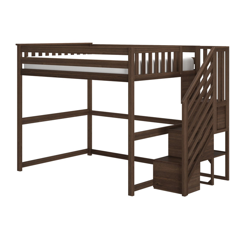 Dark brown wooden twin loft bed with built-in angled staircase, safety rails and open under-bed area for storage or desk