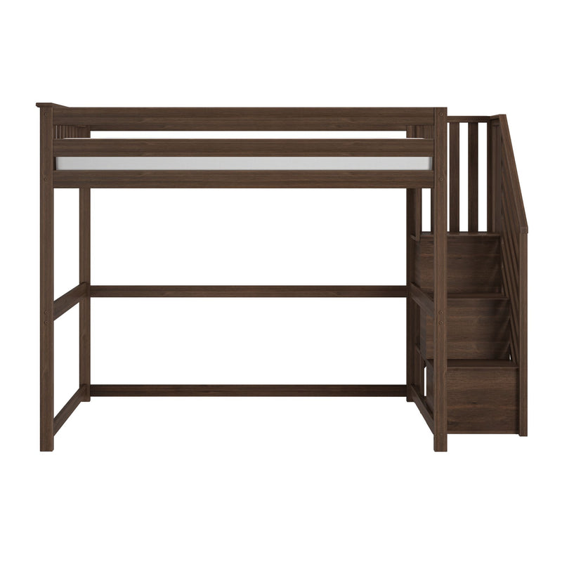 Dark walnut twin loft bed with built-in staircase storage and guardrails, space-saving elevated wooden bed frame for kids