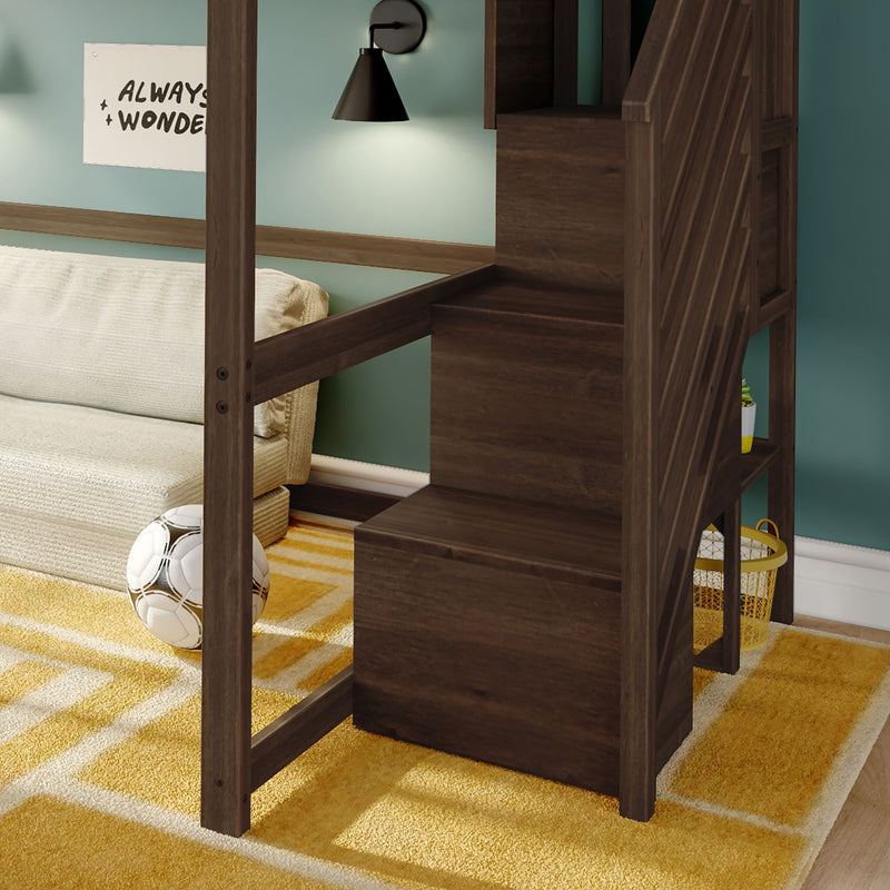 Dark wood loft bunk bed with built-in staircase and storage shelves in a modern children's bedroom with yellow geometric rug, beige sofa, soccer ball and teal accent wall