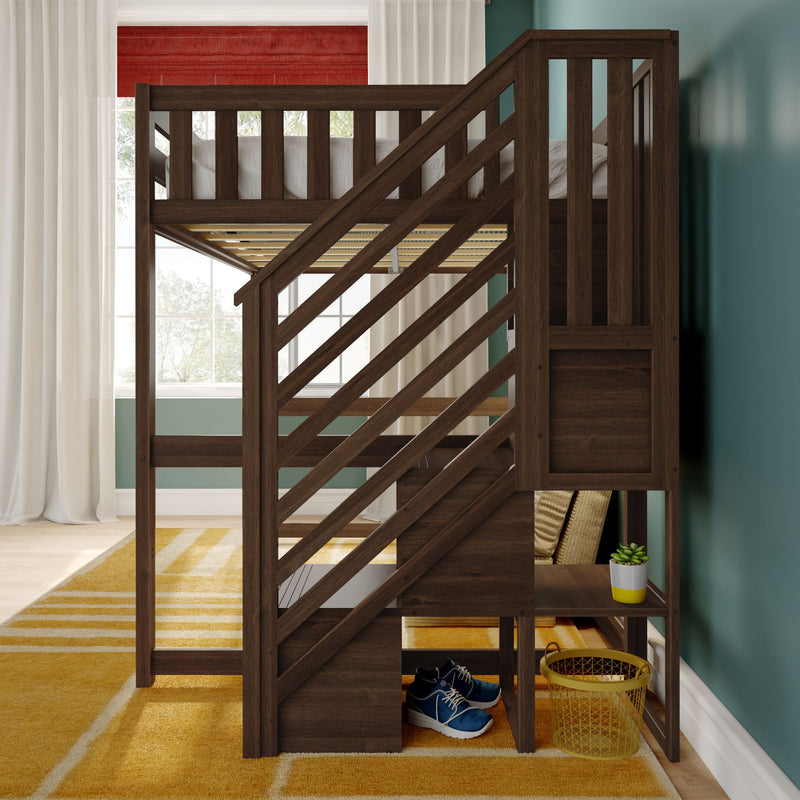 Modern dark wood loft bunk bed with built-in staircase and under-stair storage in a kids' bedroom, teal accent wall, large window with white curtains, yellow striped rug, blue sneakers and potted plant