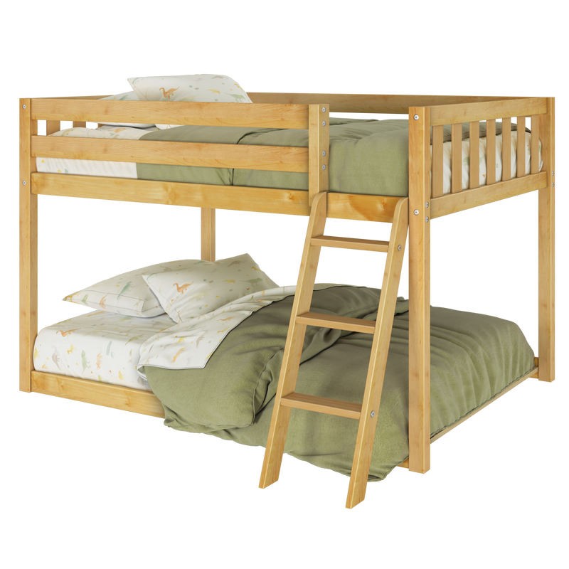 Natural wood bunk bed with ladder, green comforter and dinosaur-print kids' sheets — sturdy children's bunk bed for small bedrooms