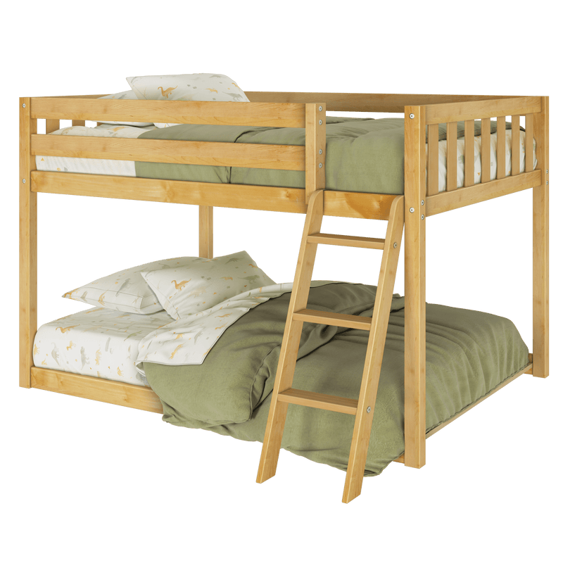 Natural wood bunk bed with ladder, green comforter and dinosaur-print kids' sheets — sturdy children's bunk bed for small bedrooms