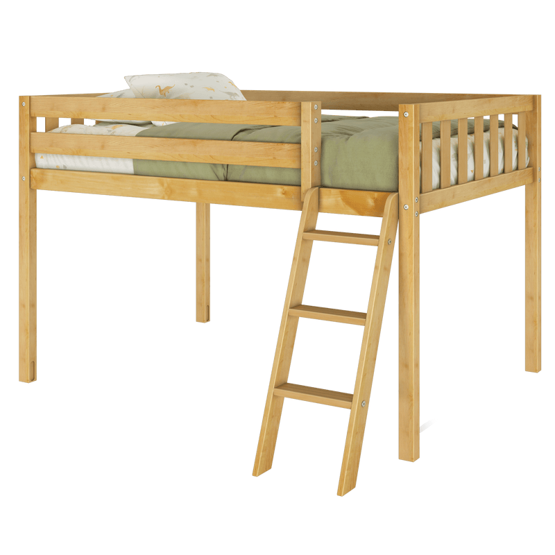 Light natural wood kids loft bed with ladder and guardrails, olive-green bedding and dinosaur-print pillow