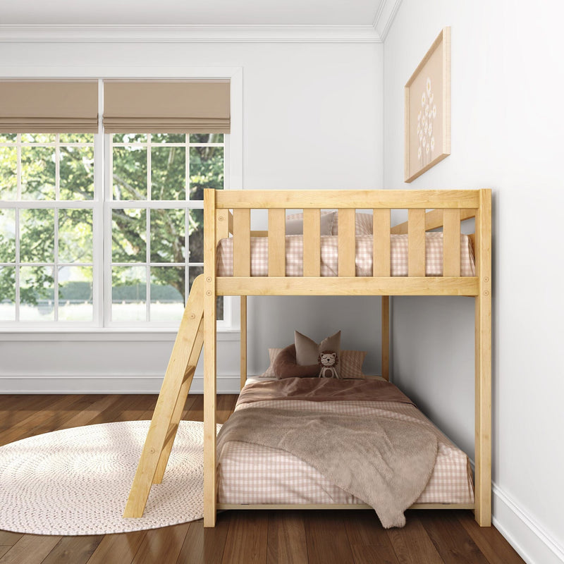 Natural wood bunk bed in neutral kids' bedroom with beige gingham bedding, plush toy, large window and beige Roman shades