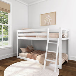 White wooden bunk bed in a cozy children's bedroom with checkered bedding and a plush toy, featuring natural light from a window.