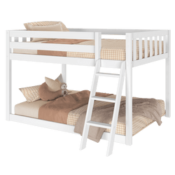 White wooden bunk bed with beige checkered bedding and a ladder, ideal for kids' bedrooms.