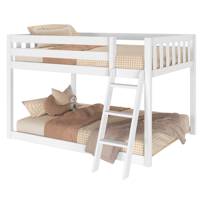 White wooden loft bunk bed for kids with ladder and safety rails, neutral beige gingham bedding, pillows and plush toy