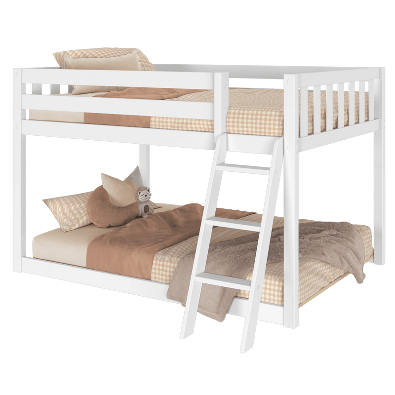 White wooden loft bunk bed for kids with ladder and safety rails, neutral beige gingham bedding, pillows and plush toy