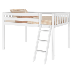 White loft bed with ladder and plaid bedding.