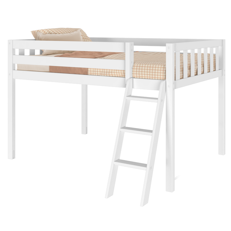 White wooden loft bed with ladder and safety rails, beige gingham sheets and pillows, space-saving kids' single/twin elevated bed for small bedrooms