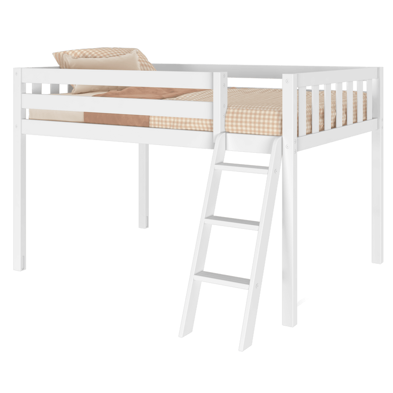 White wooden loft bed with ladder and safety rails, beige gingham sheets and pillows, space-saving kids' single/twin elevated bed for small bedrooms