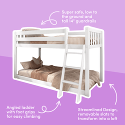 White bunk bed with ladder, safety guardrails, and convertible design for kids.