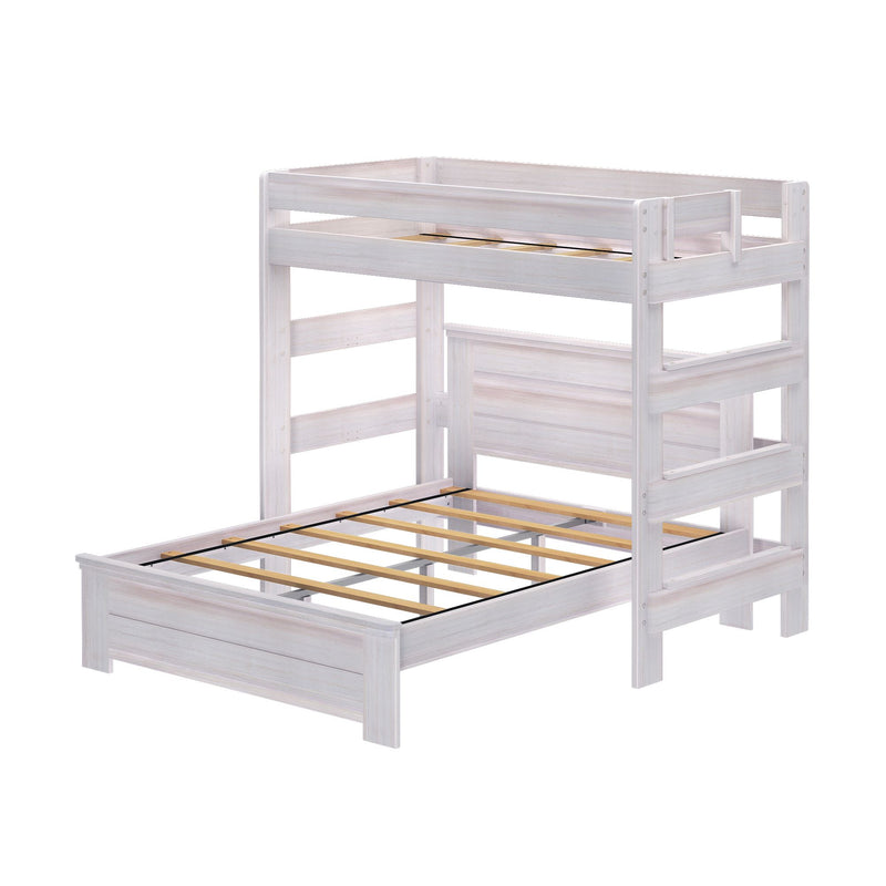 Whitewashed wooden loft-style bunk bed frame with safety guardrails and wooden slat mattress supports, modern kids' bedroom furniture