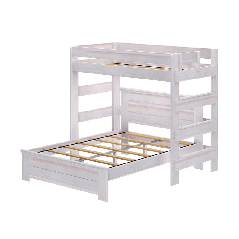 Whitewashed wooden loft-style bunk bed frame with safety guardrails and wooden slat mattress supports, modern kids' bedroom furniture
