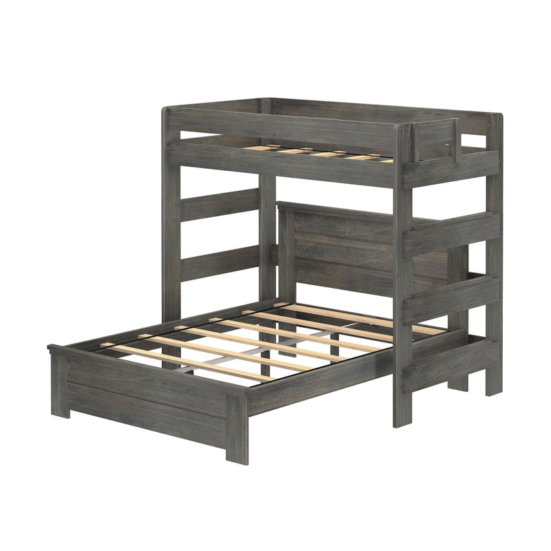 Rustic gray wooden bunk bed frame with ladder and sturdy slats, perfect for children's bedroom furniture.