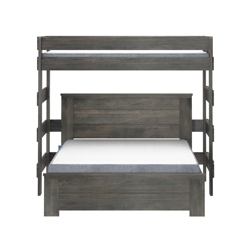 Gray wood twin bunk bed with top guardrail and side ladder, modern farmhouse-style platform bunks with mattress