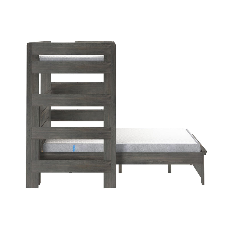 Wooden bunk bed with a modern design and two mattresses, ideal for maximizing bedroom space.