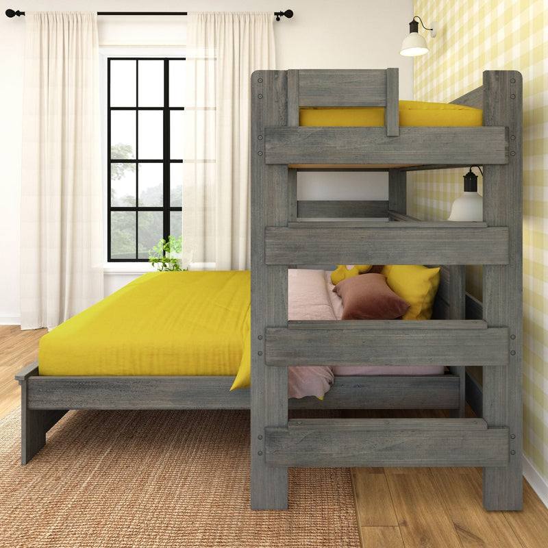 Gray wooden twin bunk bed with yellow bedding and pillows in modern kids' bedroom with black-framed window, sheer white curtains, yellow plaid wallpaper and wall lamp