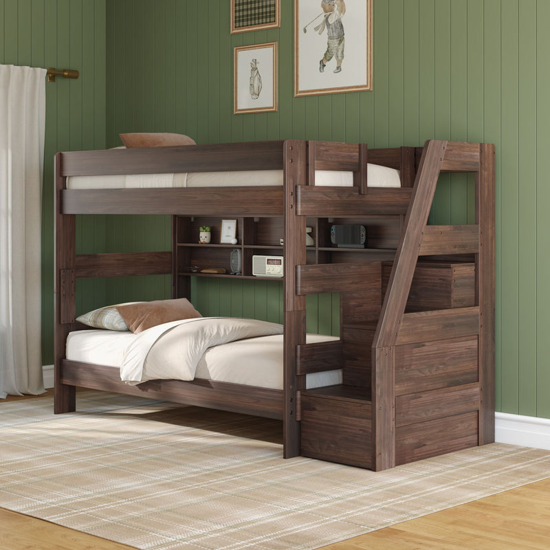 Modern Farmhouse Twin Over Twin Bunk Bed With Stairs & Bookcase