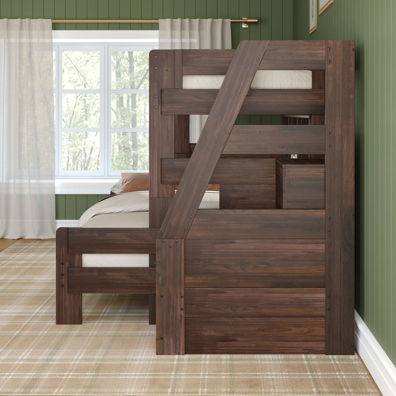 Modern Farmhouse Twin XL Over Queen Bunk Bed With Stairs & Bookcase
