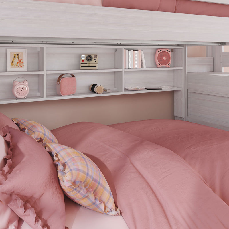Modern Farmhouse Twin XL Over Queen Bunk Bed With Stairs & Bookcase