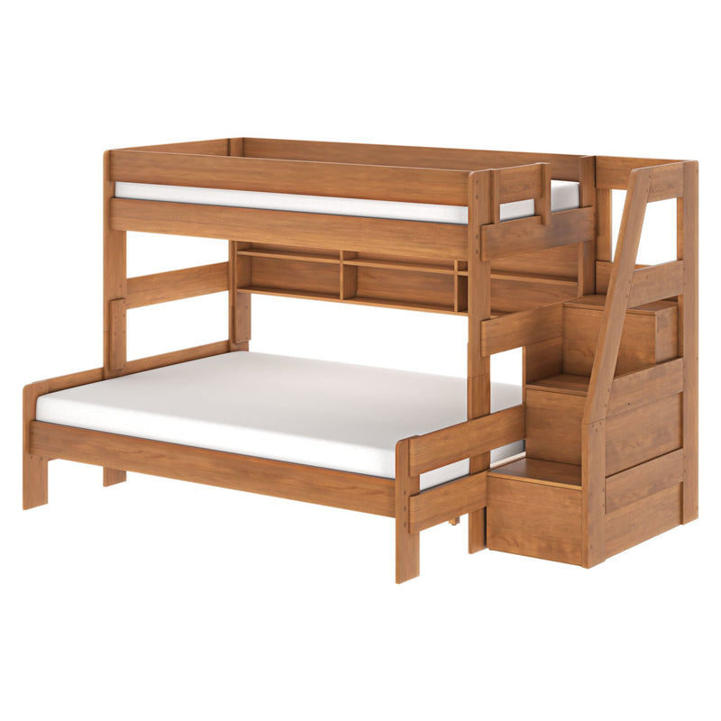 Modern Farmhouse Twin XL Over Queen Bunk Bed With Stairs & Bookcase