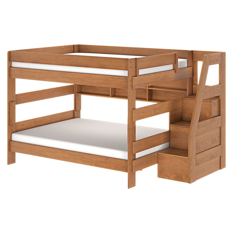 Modern Farmhouse Queen Over Queen Bunk Bed With Stairs & Bookcase