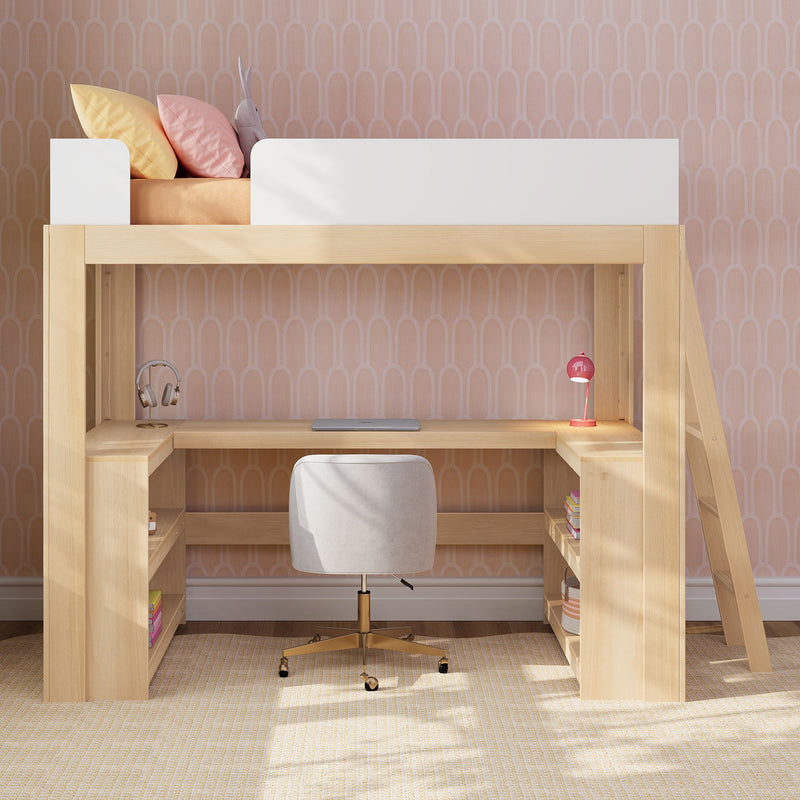 Modern wooden kids loft bed with built-in study desk, pink patterned wallpaper, pastel pillows, stuffed bunny, laptop, headphones and pink desk lamp.