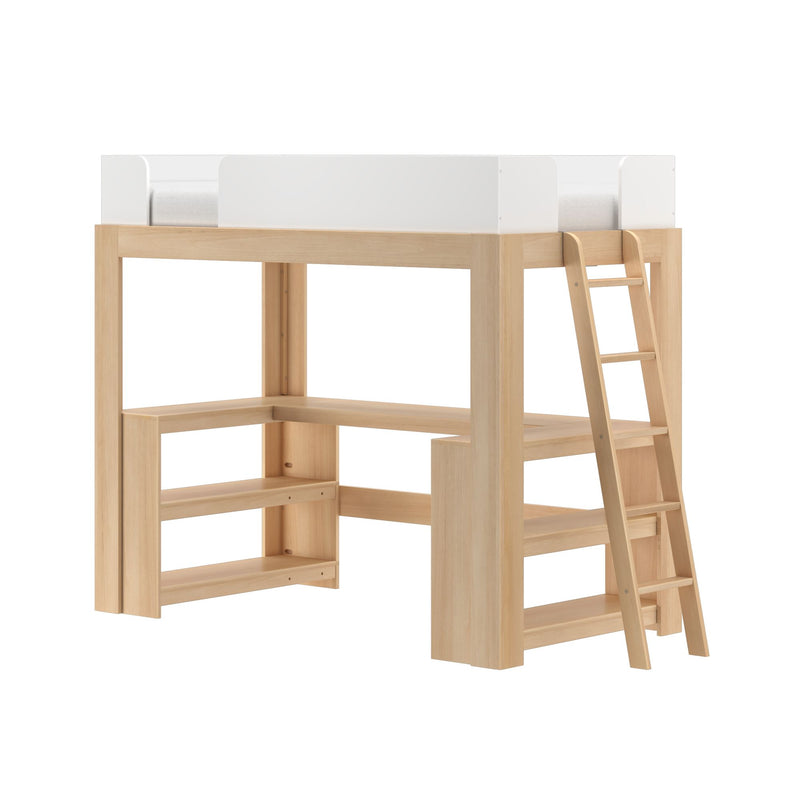 Space-saving natural wood loft bed with white safety guardrail, angled ladder and built-in shelves for kids' bedroom