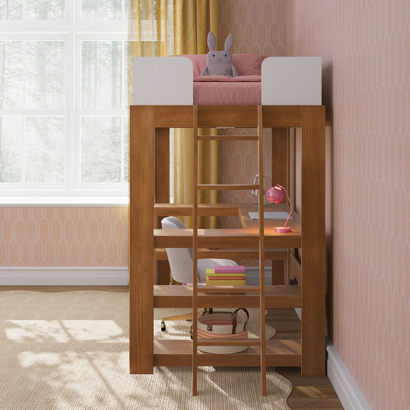 Wooden loft bed with built-in desk and ladder in pink kids bedroom, pink bedding and stuffed bunny, pink desk lamp next to large window