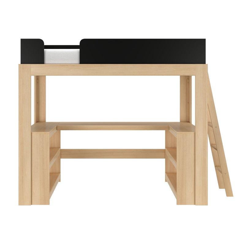 Modern natural wood loft bed with integrated ladder, under‑bed desk and shelves, white mattress and black safety rails