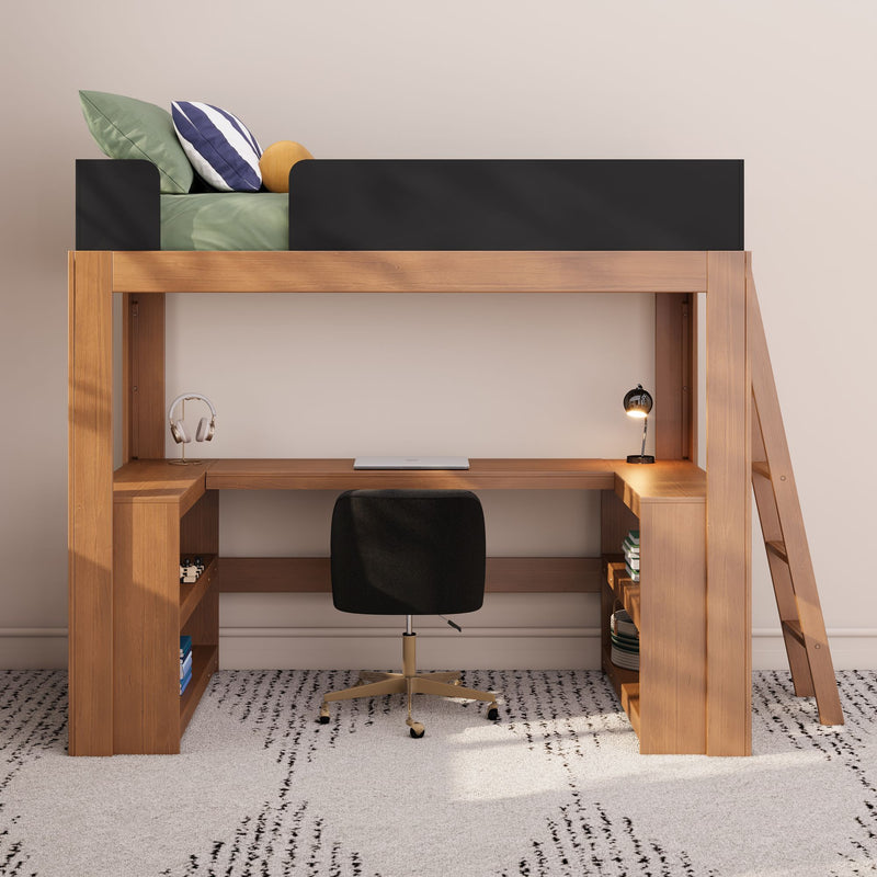 Mid-Century Modern Twin Loft Bed With Wraparound Desk