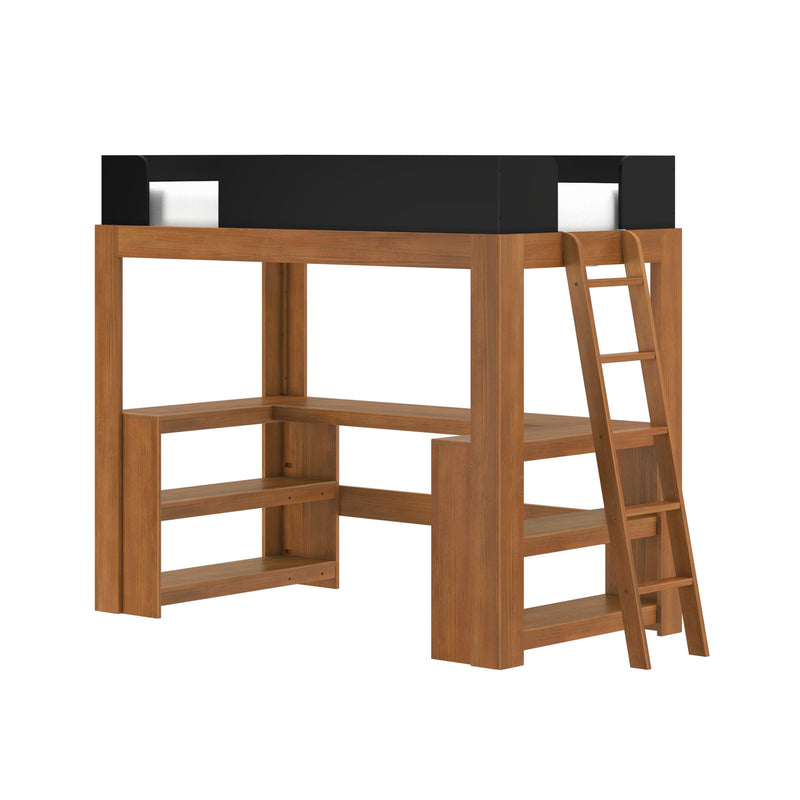 Solid wood loft bed with ladder, integrated desk and open shelving, black safety rail, space-saving design
