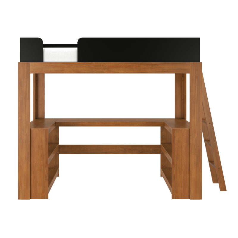 Solid wood loft bed frame with ladder and built-in storage shelves, black safety rail and white mattress — modern space-saving twin loft bed.