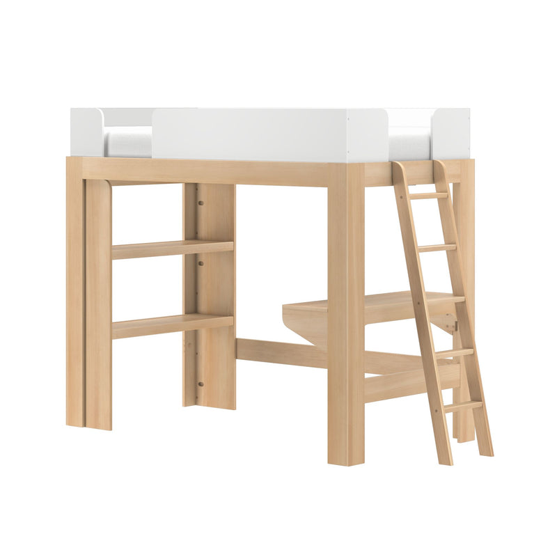 Natural wood loft bed with ladder and white guard rails, kids' raised bed with built-in shelves and under-bed storage