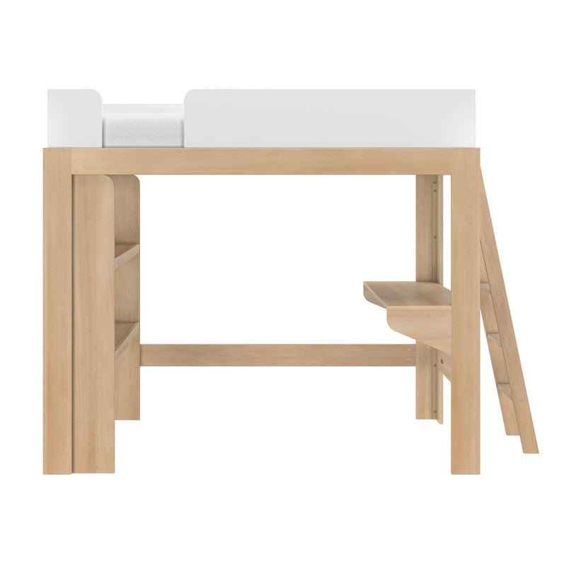 Natural oak wooden loft bed with built-in ladder and open shelving, white safety guardrail and mattress — modern minimalist kids loft bed