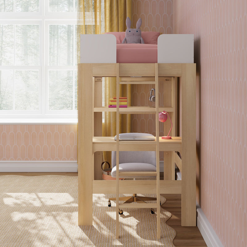 Kids loft bed with built-in desk, wooden ladder, pink bedding and plush bunny in a sunlit children's bedroom with patterned wallpaper